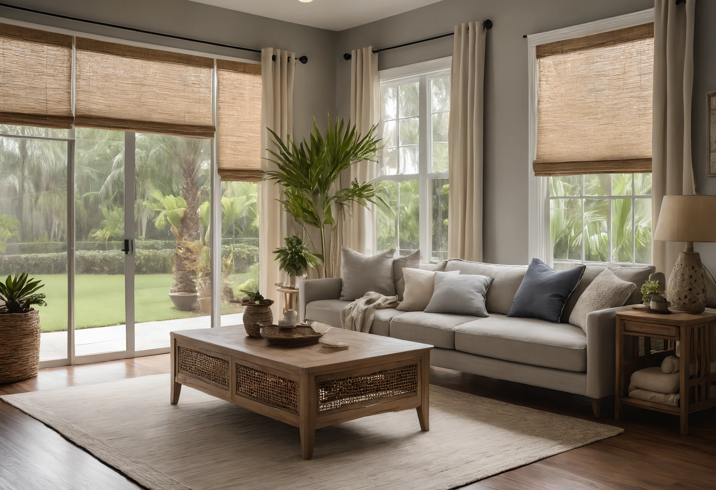 Tampa living room with woven wood shades and lined linen drapes on a sliding door and windows onto a palm garden, grey sofa and rattan coffee table