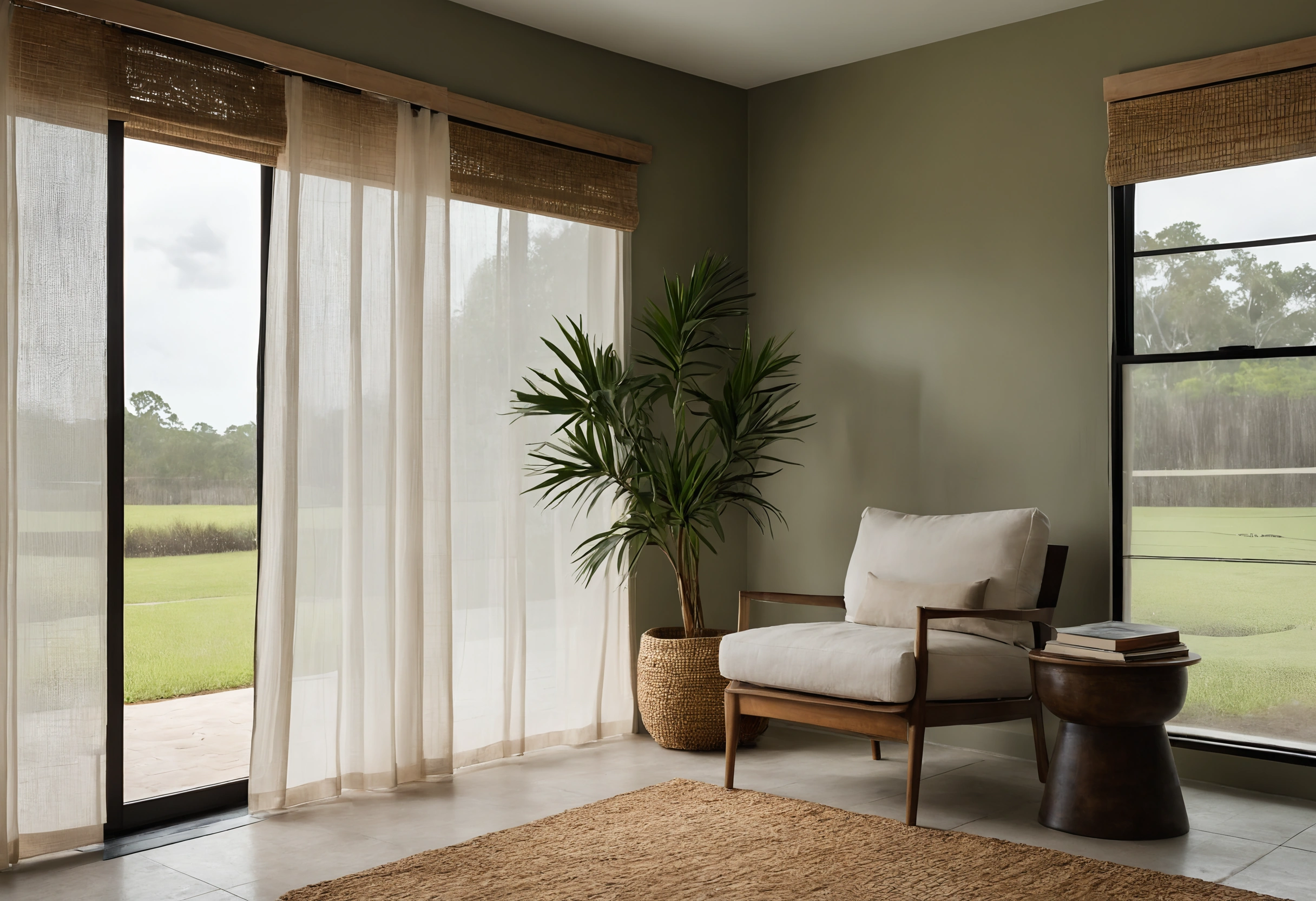 Tampa sitting corner with sheer curtains and woven wood shade headers on tall windows, an armchair and a potted palm against olive walls