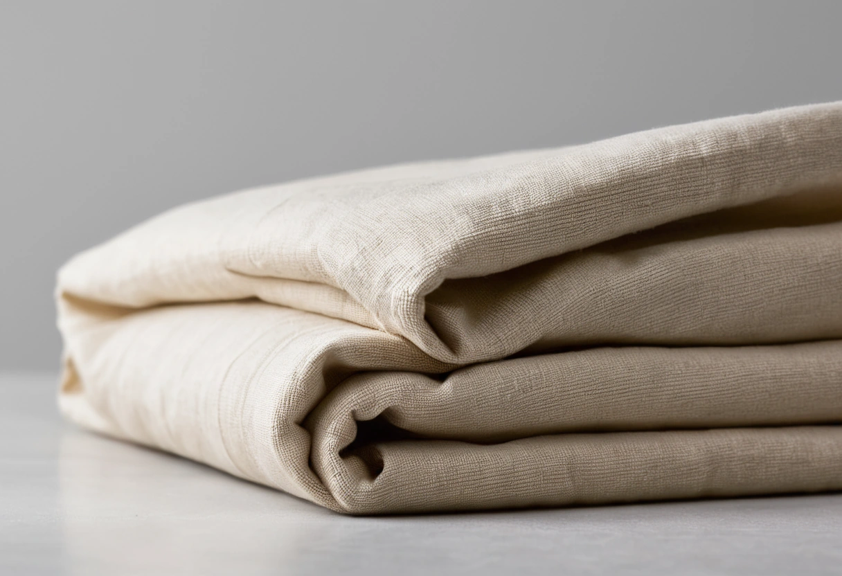 A folded stack of lined drapery panels showing the show cloth, the interlining and the smooth lining as separate layers