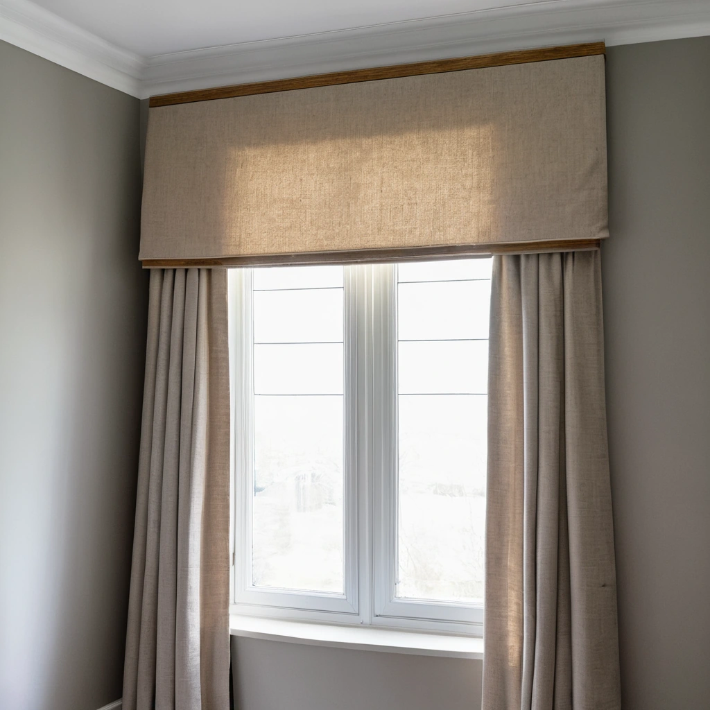 An upholstered cornice box valance fitted tightly above a tall window with lined drapery panels hanging below