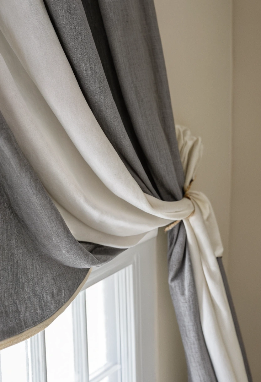 Vertical detail of two lined curtain panels overlapping at the centre with the outer edge turned back toward the wall as a side return