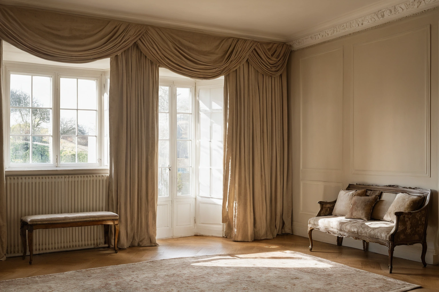 A living room window with heavy lined drapery panels drawn to the sides of the glass and a box valance above the track